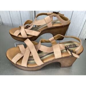BOC Women’s Tan Pink Strappy Leather Sandals Faux Cork Platform Heel Size 9